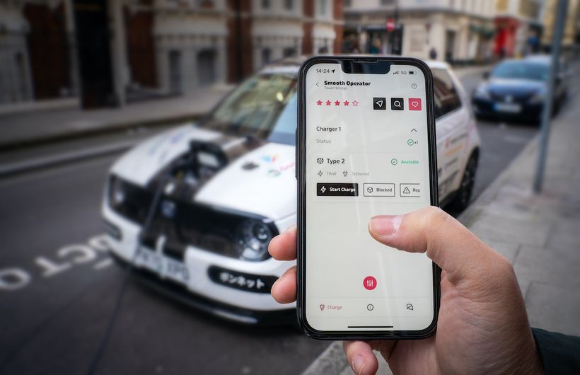 Bonnet app being used to start charge on Honda e, using Apple iPhone, in London